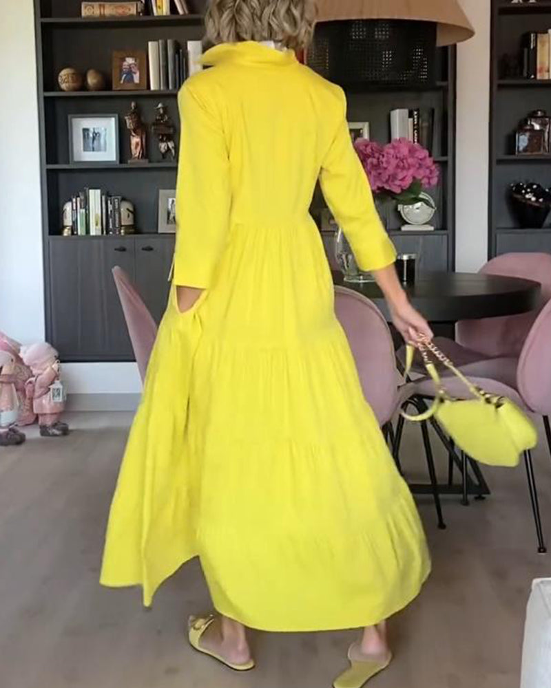 Lässiges einfarbiges Revers-Taschen-Patchwork-Kleid