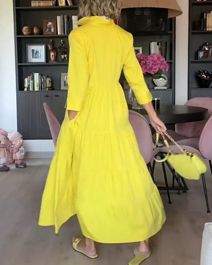 Lässiges einfarbiges Revers-Taschen-Patchwork-Kleid