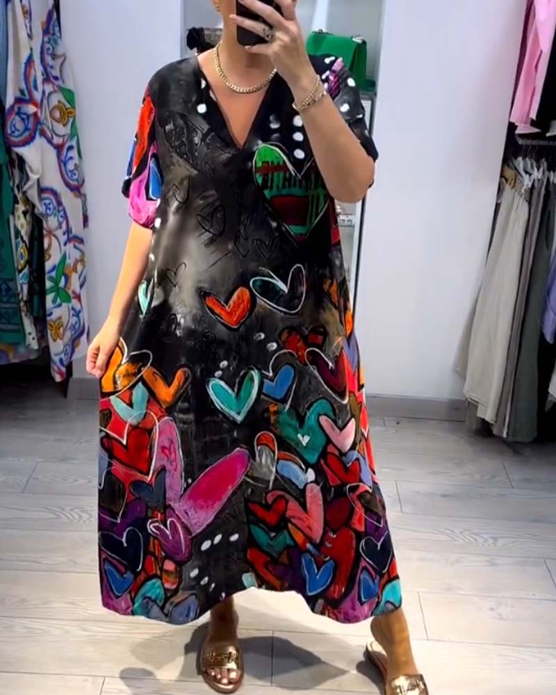 V-Ausschnitt bedrucktes Liebes Freizeitkleid