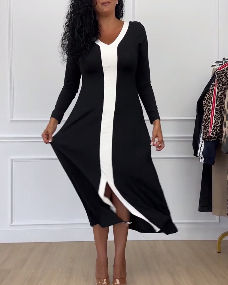 Kontrastfarbe V-Ausschnitt Schlitz elegantes Kleid