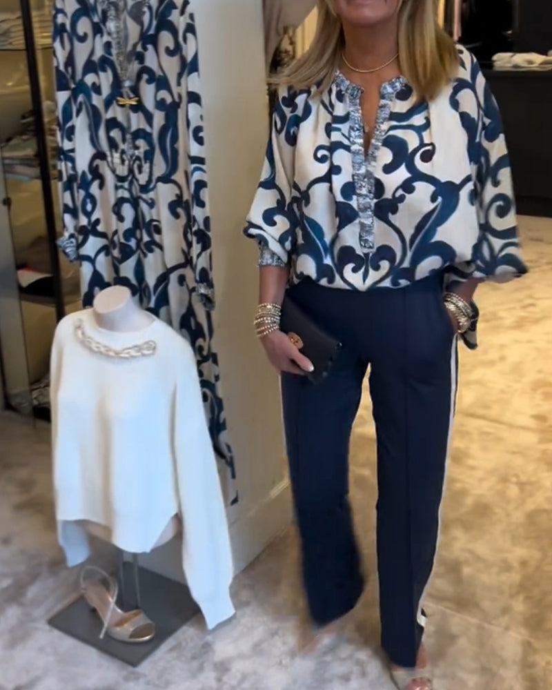 Retro-Muster Druck Laternenärmel Bluse