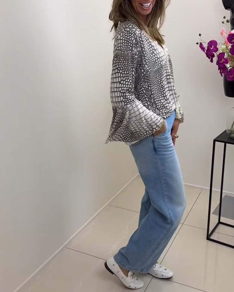 Gemusterte Lanyard-Bluse mit langen Ärmeln