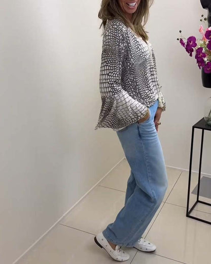 Gemusterte Lanyard-Bluse mit langen Ärmeln