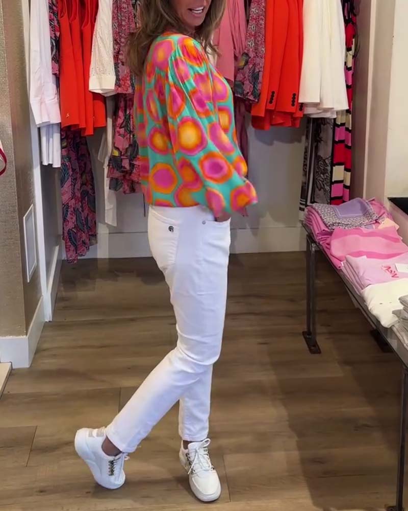 Buntes geometrisches Druckhemd mit Stehkragen