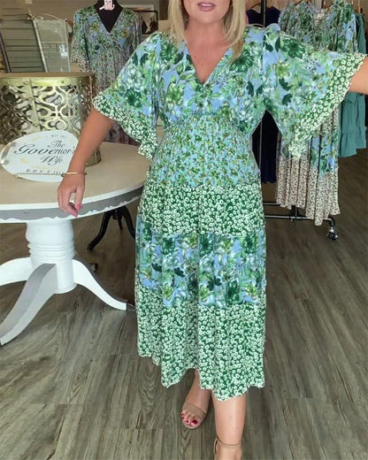 V-Ausschnitt Lotus Ärmel Blumen Kleid