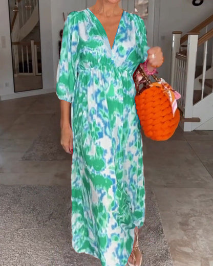 Mode Druck V-Ausschnitt 3/4 Ärmel Kleid