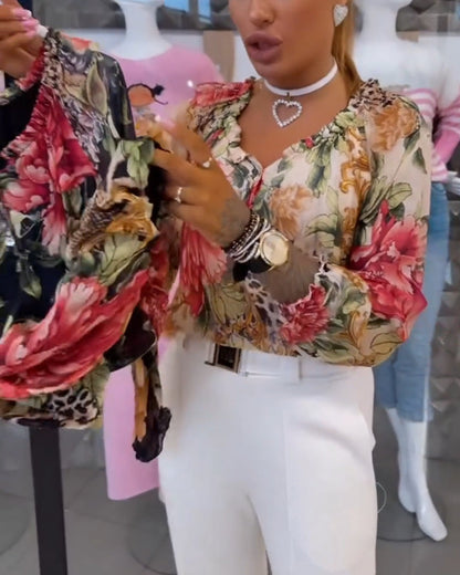 V-Ausschnitt Blumenmuster Bluse