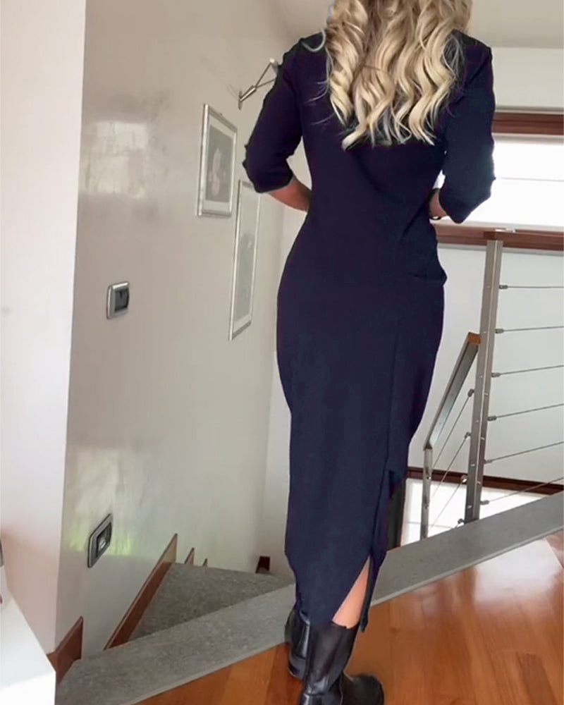 Rundhals gefaltetes einfarbiges elegantes Kleid