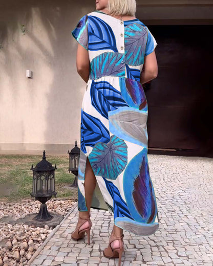 Blattdruck Kurzarm Schlitzkleid