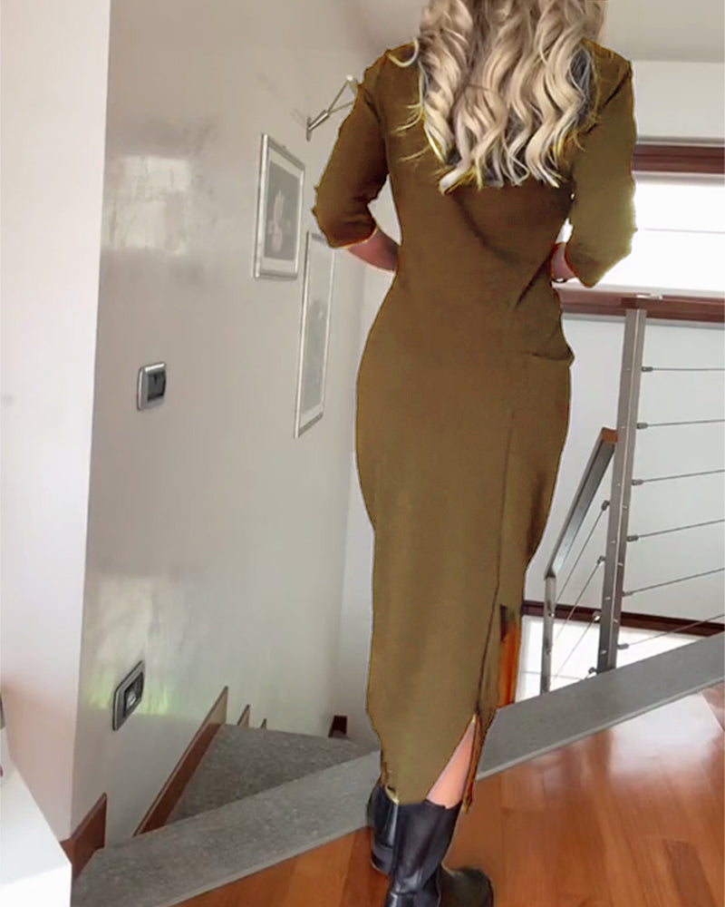 Rundhals gefaltetes einfarbiges elegantes Kleid