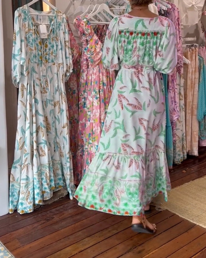 Damen Maxikleid mit V-Ausschnitt und Blattdruck