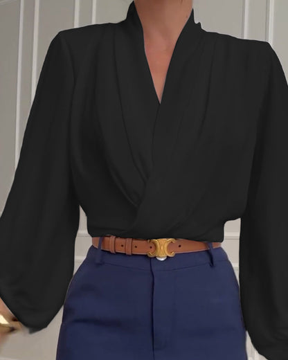 Mode unifarbene V-Ausschnitt Laternenärmel Bluse