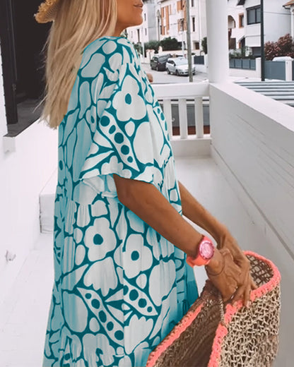 Bedrucktes V-Ausschnitt lockeres Kleid