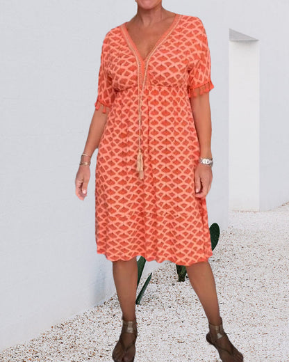 Bedrucktes V-Ausschnitt-Fransen-Kleid