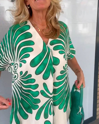 Blätterdruck V-Ausschnitt Kleid