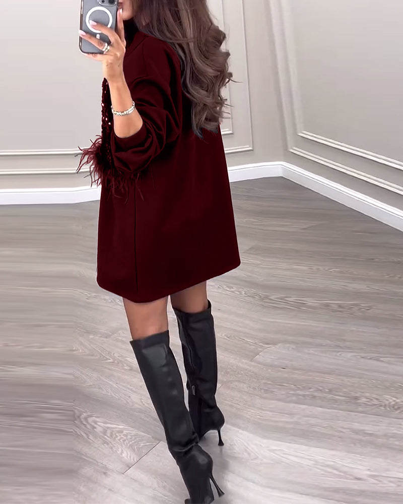 Mode einfarbig Pailletten Feder Patchwork Kleid