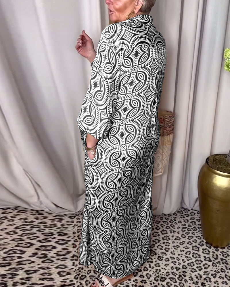 Vintage bedrucktes Revers-Taschen-Maxi-Kleid
