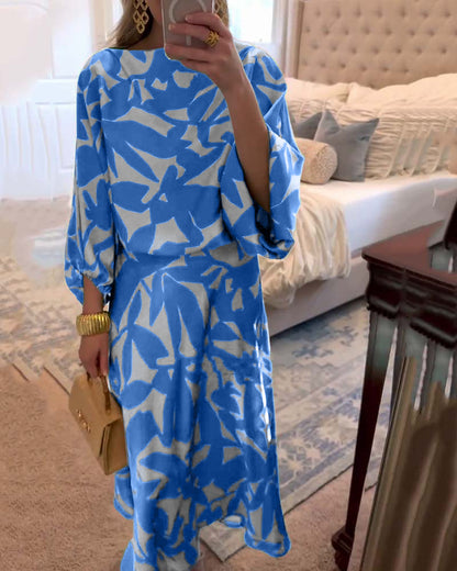 Temperament Gedruckte Laternenärmel Freizeitkleid Set