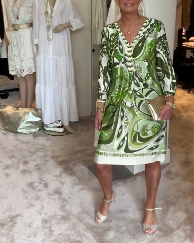 Retro-Druck V-Ausschnitt Freizeitkleid