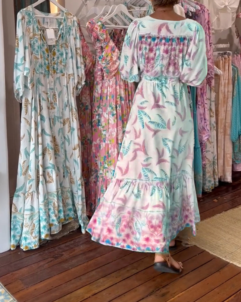 Damen Maxikleid mit V-Ausschnitt und Blattdruck