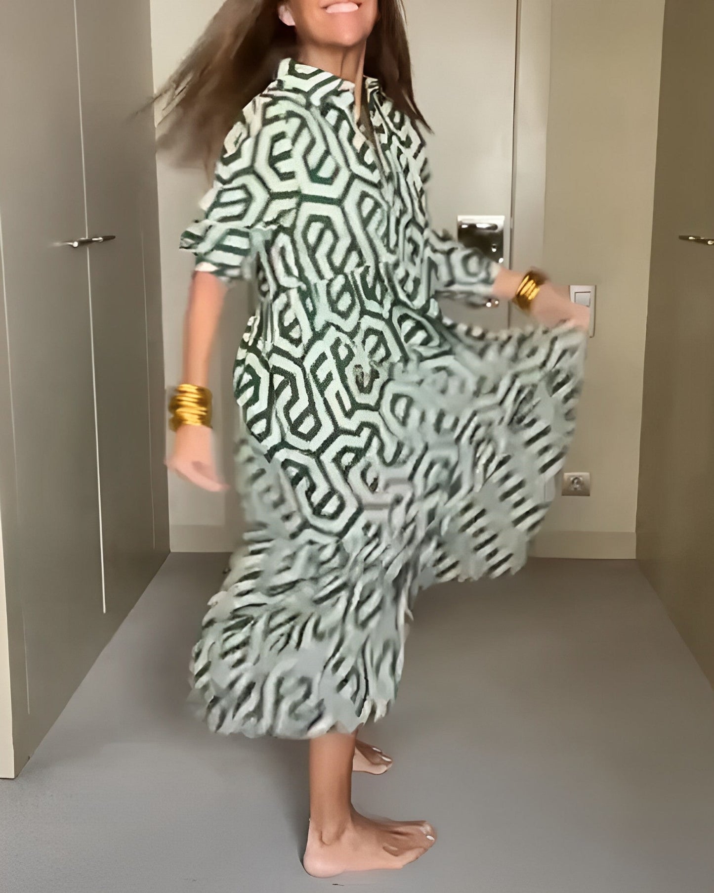 Geometrisches Druck Kleid mit Neun Punkten Ärmel