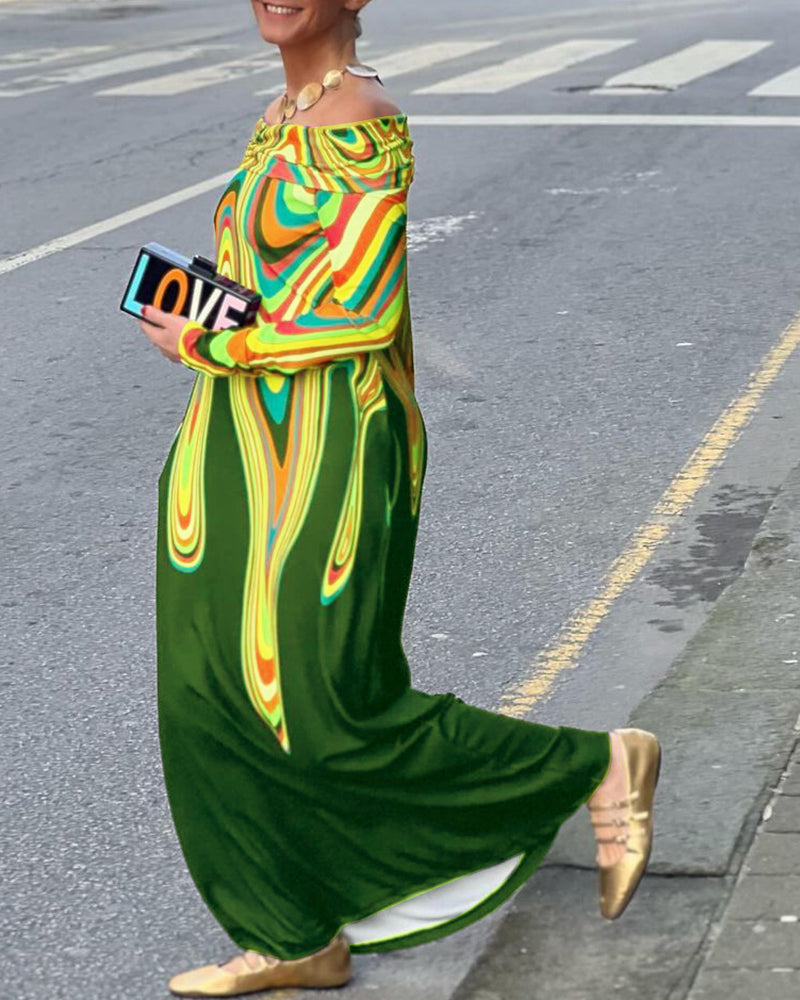 Langärmliges, elegantes Maxikleid mit schulterfreiem Schnitt