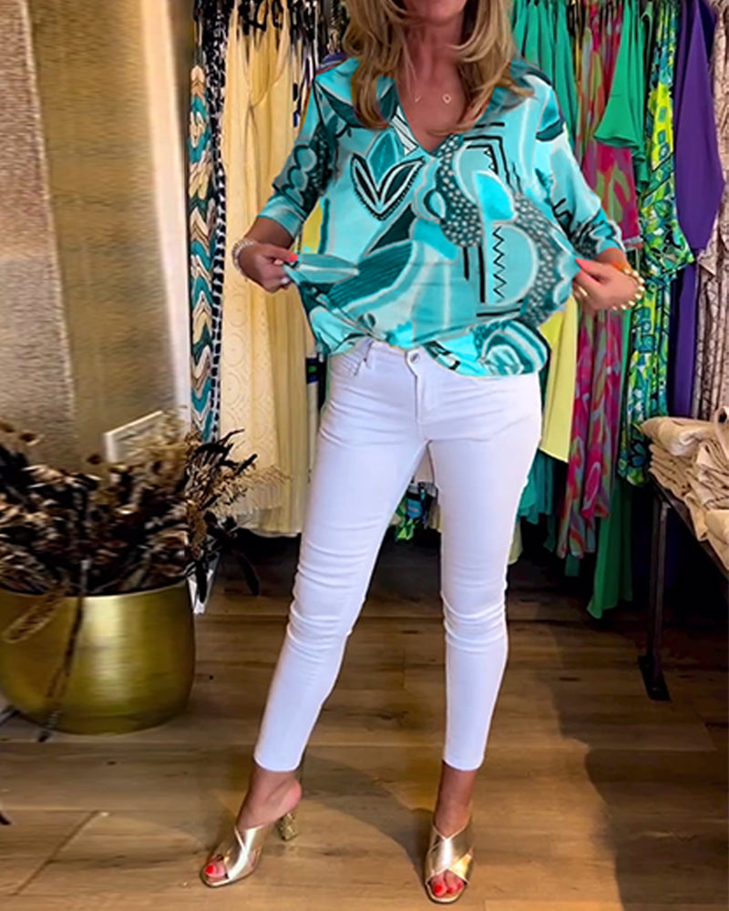 Langärmlige lockere bedruckte Bluse