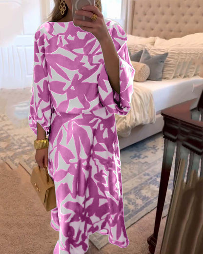 Temperament Gedruckte Laternenärmel Freizeitkleid Set