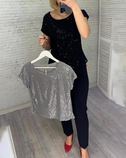 Damen Kurzarm-Paillettenshirts