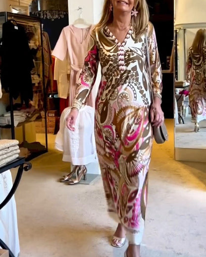 V-Ausschnitt lässiges bedrucktes langes Kleid
