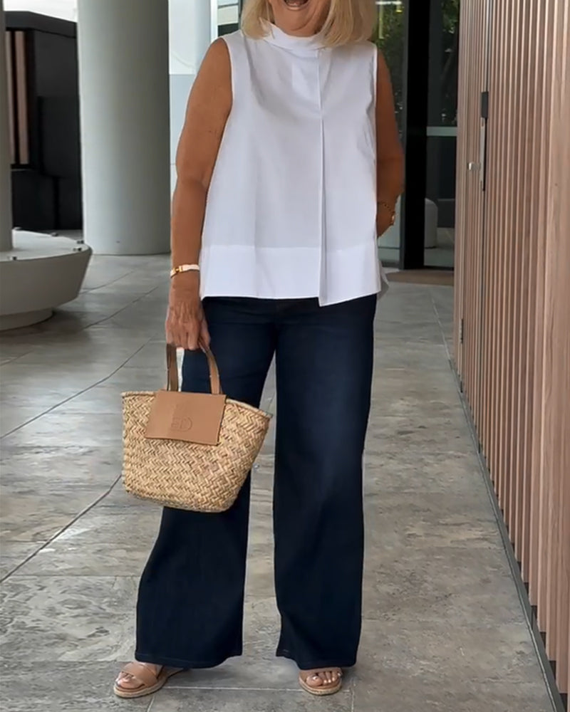 Ärmellose Unifarbene Einfache Bluse