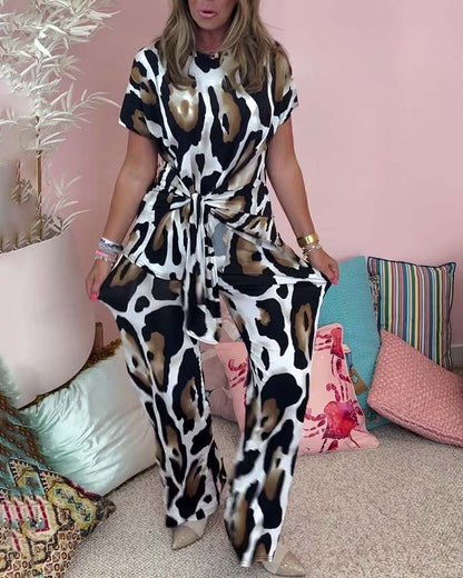 Leopard-Print Schnürung lässiges Zweiteiler-Set