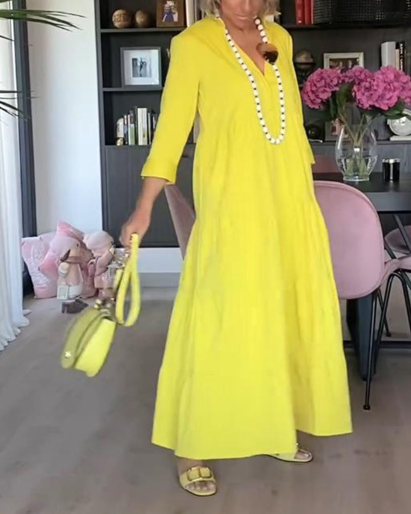 Lässiges einfarbiges Revers-Taschen-Patchwork-Kleid