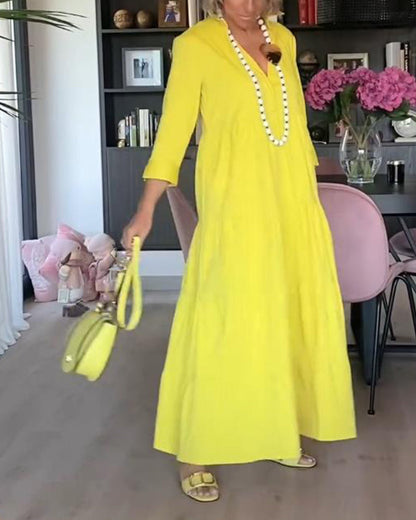 Lässiges einfarbiges Revers-Taschen-Patchwork-Kleid