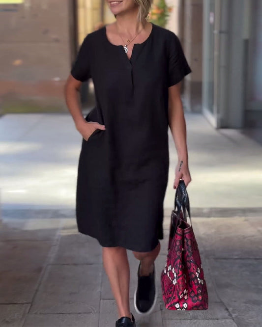 Einfarbiges V-Ausschnitt Kurzarm Kleid mit Tasche