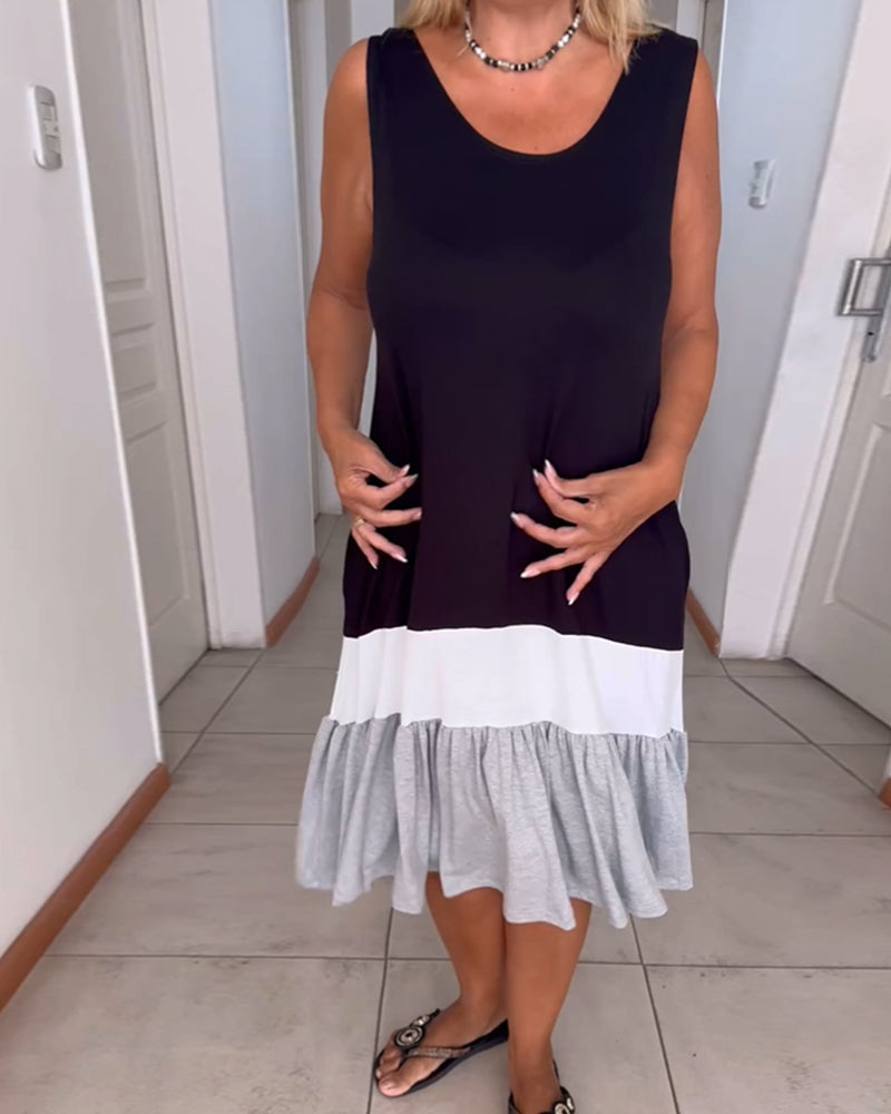 Farbblockiertes ärmelloses Rundhalskleid