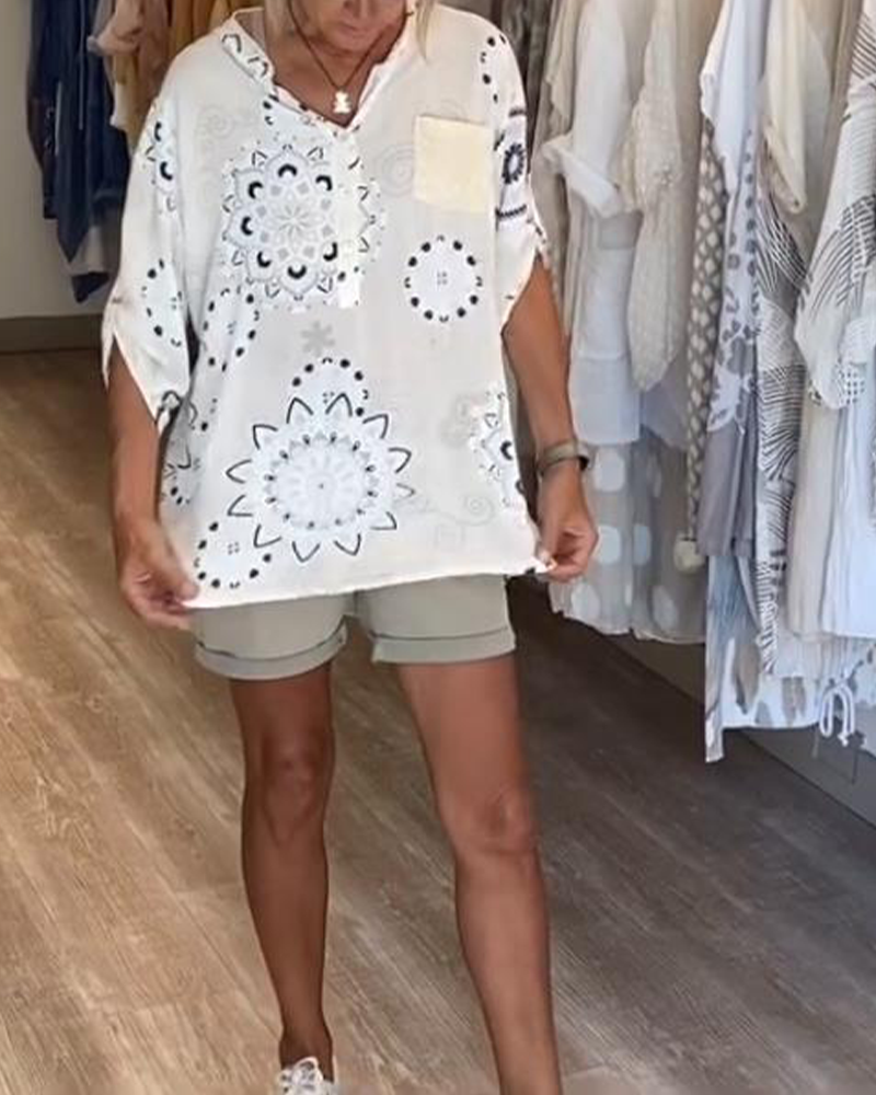 Vielseitige V-Ausschnitt Bedruckte Bluse mit Halben Ärmeln