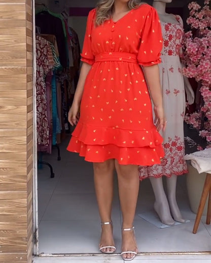 Lässiges Kurzarm V-Ausschnitt Bedrucktes Kleid