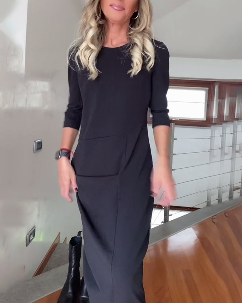 Rundhals gefaltetes einfarbiges elegantes Kleid