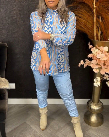 Stehkragen Langarm bedrucktes Oberteil