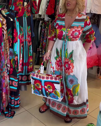 Tiefes V lockeres lässiges Blumenkleid