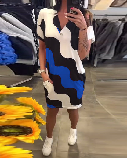 V-Ausschnitt Wellenmuster Kleid