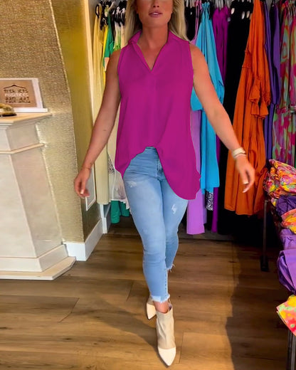 Ärmelloses Top mit Revers und Raffung