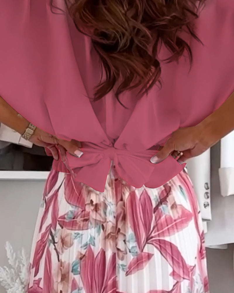 Einfärbige Bluse mit Taillenknoten und kurzen Ärmeln