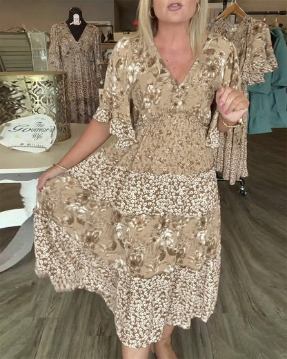 V-Ausschnitt Lotus Ärmel Blumen Kleid