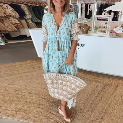 Lässiges bedrucktes V-Ausschnitt Kleid mit halben Ärmeln