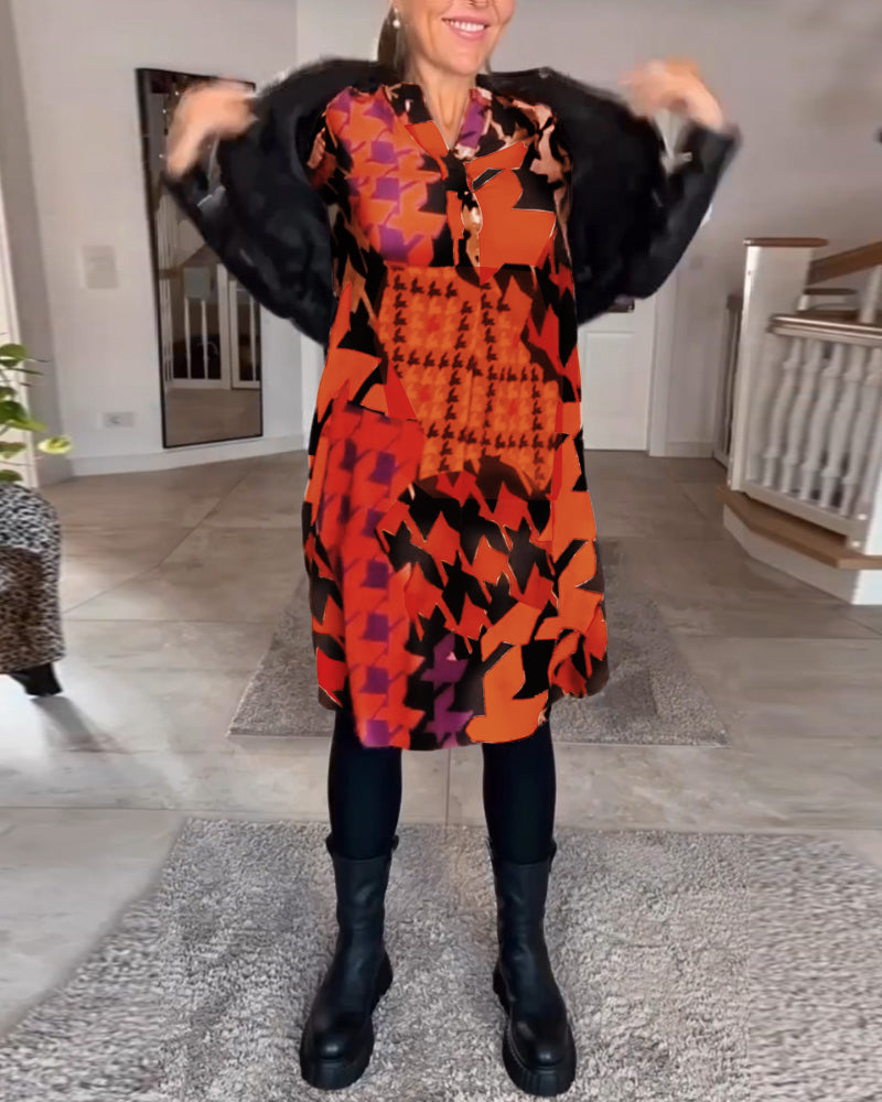 Bedrucktes V-Ausschnitt Langarmkleid