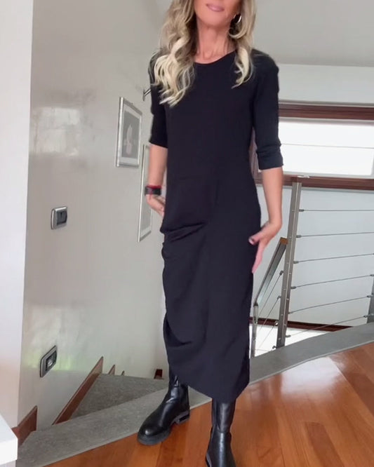 Rundhals gefaltetes einfarbiges elegantes Kleid