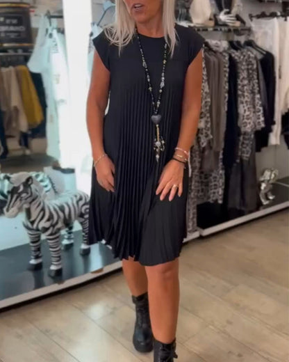 Rundhals einfarbig plissiertes Freizeitkleid