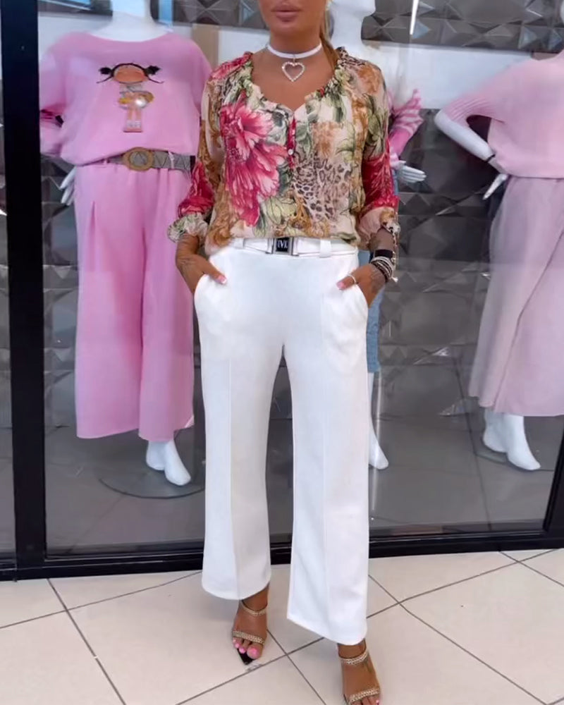 V-Ausschnitt Blumenmuster Bluse